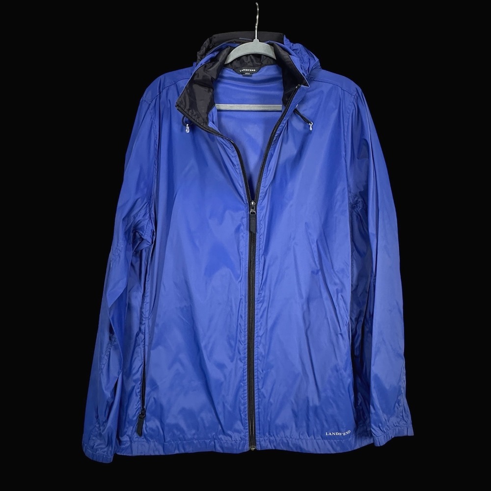 Lands End Mens Royal Blue Full Zip Hooded Windbreaker Jacket Large 42-44
